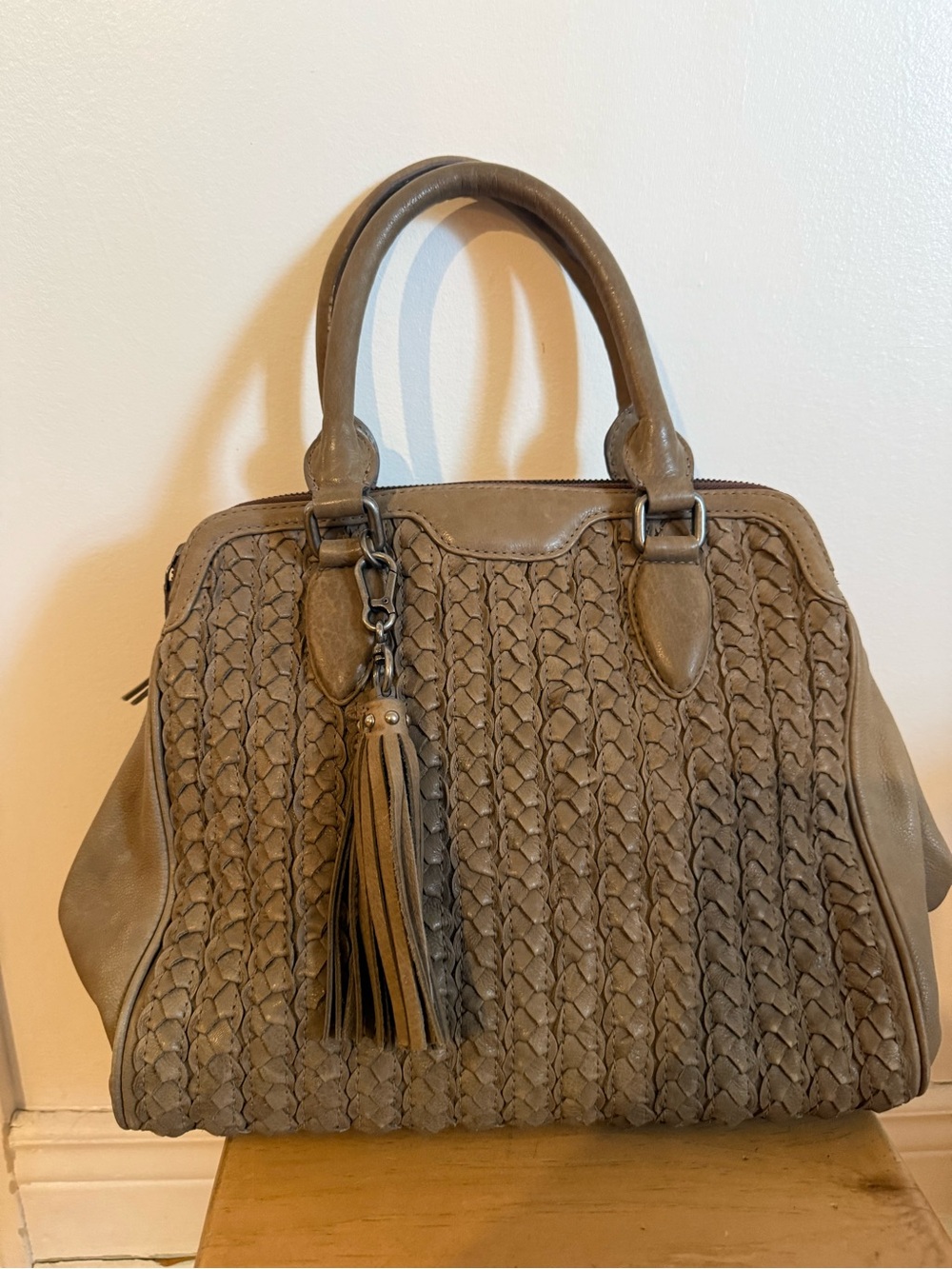 Céline Dion Taupe Woven Leather Satchel Bag with Tassel